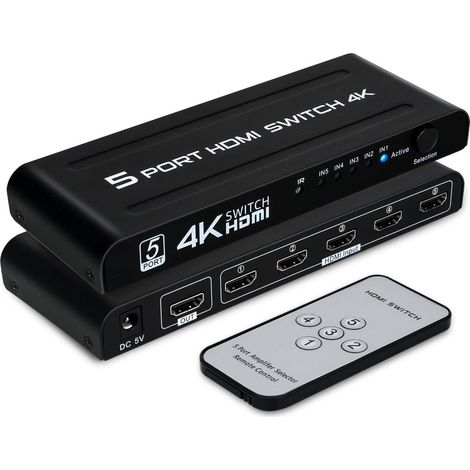 Commutateur HDMI 5 Entrées 1 Sortie - Boîtier Métal 4K UHD - Avec Télécommande IR Pour TV Console (1/5)