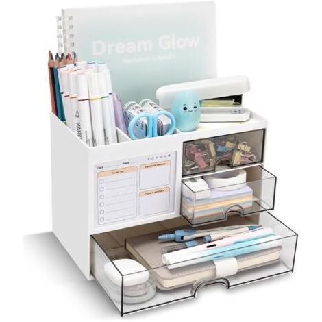 Organiseur de bureau avec 3 tiroirs et 8 compartiments (blanc) . (1/5)
