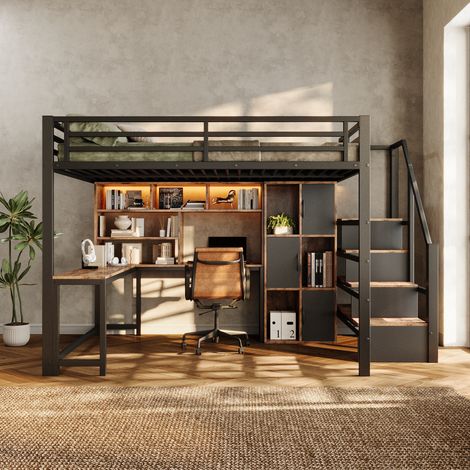 Lit mezzanine 140x200 cm avec bureau intégré, escalier rangement, étagères, armoires et éclairage LED, structure métal et MDF - Noir (1/5)
