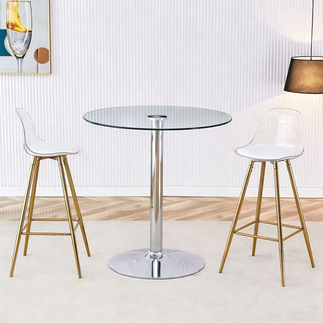 Table ronde en verre 89 cm + 2 tabourets bar pieds dorés • Ensemble design transparent • Gain de place et agrandit visuellement l'espace • Polyvalent