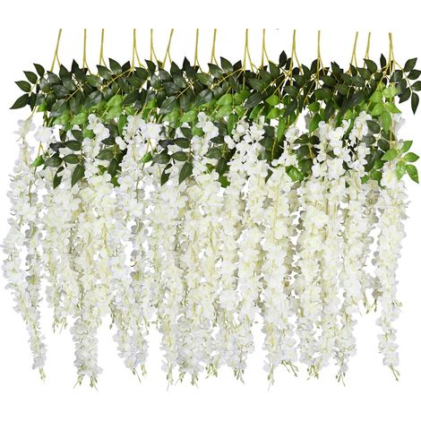 Ghirlanda di fiori artificiali in rattan da 12 pezzi, 110 cm, per feste, matrimoni, decorazioni per la casa, colore bianco