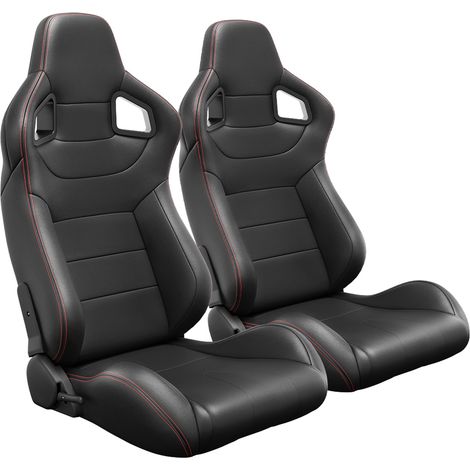 2 Sièges Baquet Universels Noirs Surpiqûres Rouges, Cuir PVC Rouge Inclinables, Dossier Carbone, Glissières Réglables, Lot de 2 (Sans Supports) (1/5)