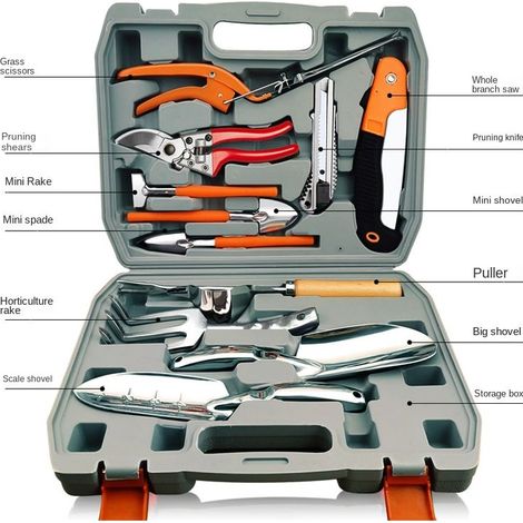 Ensemble d'outils de jardinage professionnels : outils de taille et de plantation, vaporisateur, pelle pour plantes de jardin