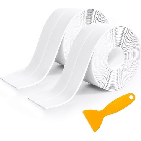 Lot de 2 rouleaux de ruban d'étanchéité imperméable et auto-adhésif. Bande d'étanchéité pour baignoire, plan de travail de cuisine, évier, salle de bain, toilettes, sol et mur. (1/4)