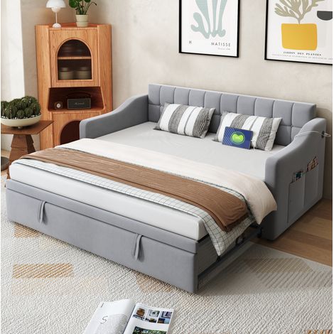 Letto imbottito estraibile 207x99x80 cm grigio chiaro in velluto con porte USB (1/5)