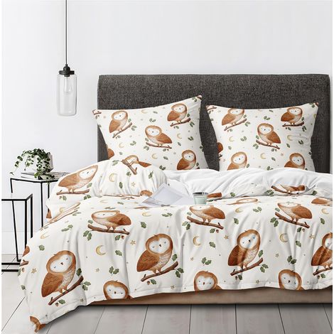 Parure de lit douce, avec housse de couette de 135 x 200 cm et 1 taie d'oreiller de 80 x 80 cm, pour enfant - Motif chouette, lune, feuilles - Beige (1/5)