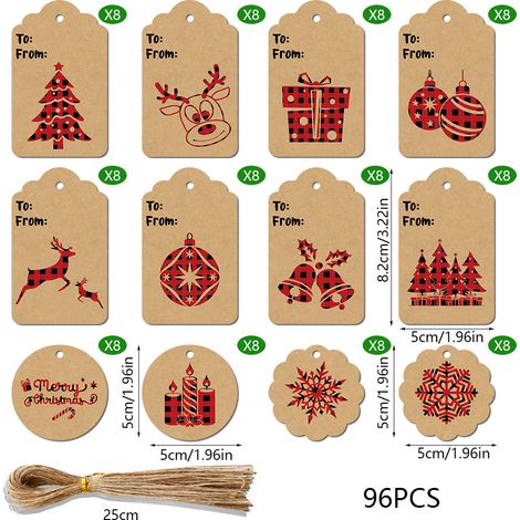 Étiquettes cadeaux Noël papier kraft motif sapin 96 pièces + ficelle chanvre naturel (1/2)
