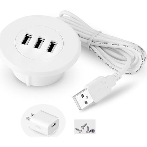 Chargeur de bureau USB à 3 ports, station de charge se fixant sur un trou traversant de 50 mm (2 pouces), adaptateur inclus et câble d'alimentation de 1,5 m, blanc.