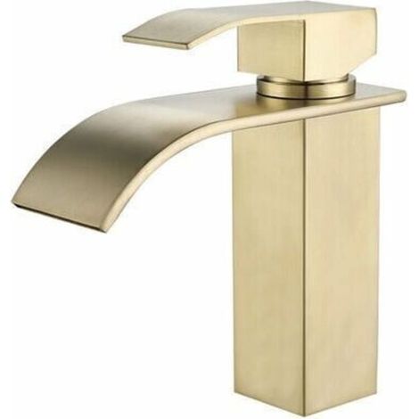 Goldene Wasserfall-Waschtischarmatur – Edelstahl – Kubischer Auslauf – Keramikkern – Einfache Installation – Kompatibel mit Standardwaschbecken – Crezuo