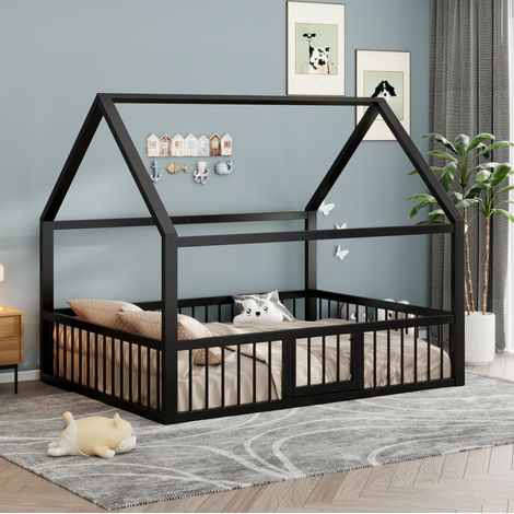 MEUBLIV Letto a casetta 140x200 cm nero in metallo con barriera, senza materasso (1/5)