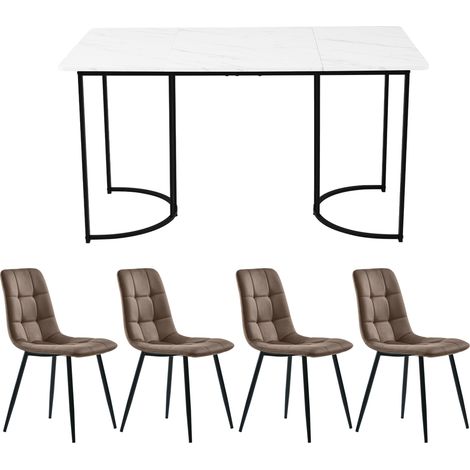 Set da pranzo moderno 5 pezzi con tavolo 140x80 cm con piano MDF effetto marmo e 4 sedie in velluto marrone con gambe in metallo nero (1/5)