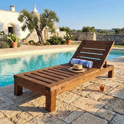 Lettino Prendisole Sunwood in Legno Pino di Svezia Castagno 200x73 cm Già Montato