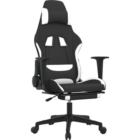 Fauteuil de bureau chaise gaming sur roulettes avec coussin lombaire avec repose-pieds en tissu blanc et noir DEC025833