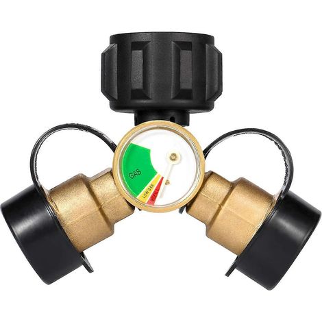 Répartiteur de propane, adaptateur en Y à 2 voies pour réservoir de propane avec manomètre, raccord en T pour barbecue à gaz propane (1/5)