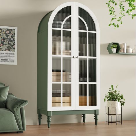 Vaisselier vitré arqué à 2 portes en verre strié, 76 x 38,5 x 165 cm, MDF vert foncé et blanc (1/5)