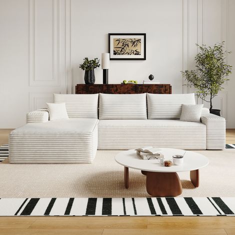 Divano modulare, chaise longue a L, seduta in schiuma elastica, senza attrezzi, tessuto bianco (1/5)