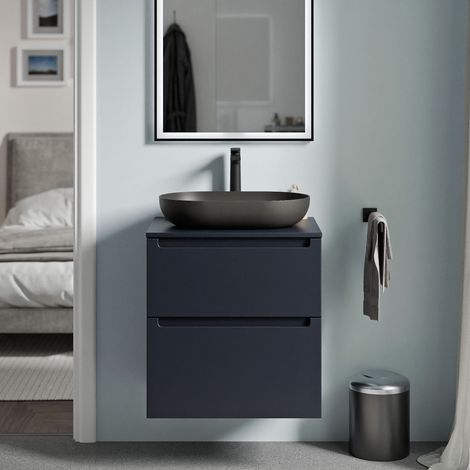 BERNSTEIN - Meuble sous vasque suspendu MDF & plan vasque Bleu nuit mat, tiroirs pivotants - 60x46x62cm - VIREO (1/5)