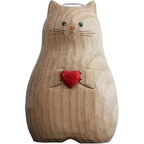 Jarrón con forma de gato, madera reciclada texturizada, pintura con estampado de corazones, decoración para el salón, regalo para amantes de los gatos. (1/5)