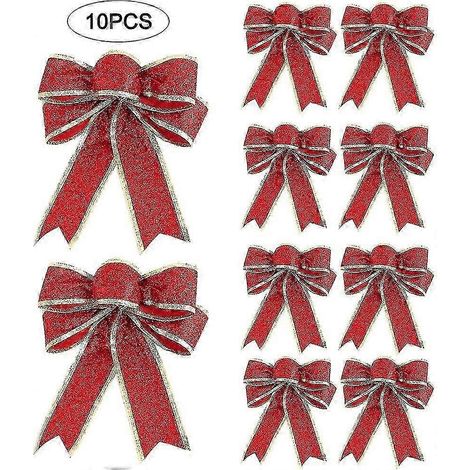 Lot de 10 nœuds en ruban pailleté rouge pour sapin de Noël (1/5)