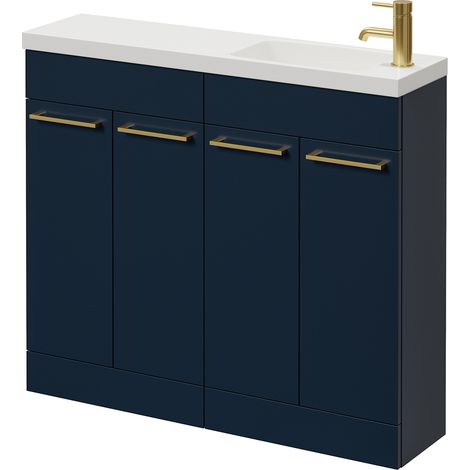 Napoli 250 Deep Blue 1000mm 4 Door Vanity Unit with Round Silvo Basin - 1000mm - Brushed Brass 160mm Handle