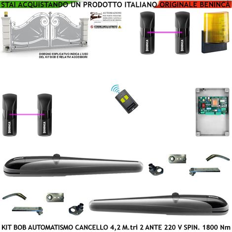 Kit BOB Automazione Cancello 4,2 Metri 2 Ante Motori Elettromeccanici 230 V Corsa 325 mm Spinta 1800 Nm Sblocco a Chive Staffe Fissaggio Radiocomando 2 Coppie Fotocellule Lampeggiante Led con Antenna (1/4)