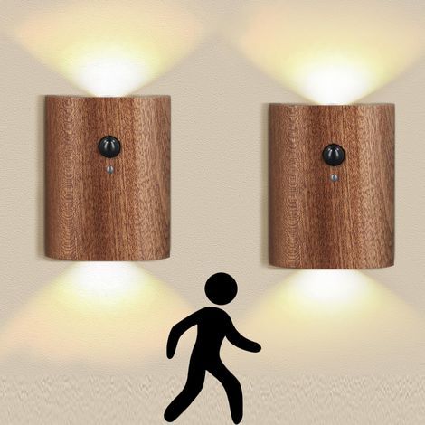 2 Pack Applique Murale Interieur, LED Bois Industrielle Lampe Detecteur de Mouvement Interieur, Appliques Murales 0.4W Luminaire Mural pour Chambre Salon Escalier Couloir (1/5)