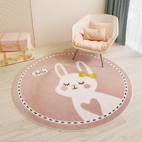 Rond Tapis Salon Lavable Chambre Pile Courte Douce Enfant Bebe Fille Garcon Lion de Dessin Animé Rampant pour Bébé Grand Doux Petite Intérieur Tapis de Jeu pour Bébé Shaggy (Rose, Ø 100cm) (1/5)