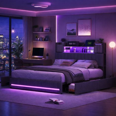 Lit rembourré 160x200 cm avec 4 tiroirs, cadre de lit double avec éclairage LED et station de charge USB Type-C, tête de lit avec espace de rangement, table de chevet, sommier à lattes en bois, lin, g