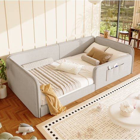 Kinderbett 90x200 cm beige aus Leinen mit Schaumstoffpolsterung und Rundum-Sicherheitsrahmen (1/5)