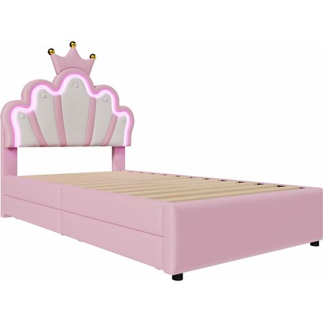 Cama infantil tapizada 90 x 200 cm rosa con 2 cajones, cabecero ajustable y LED (1/5)
