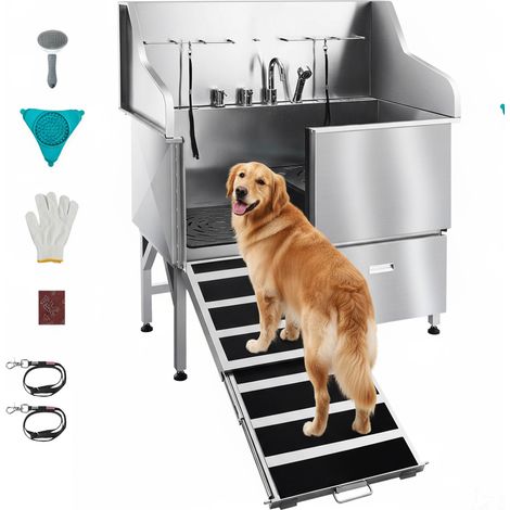 VEVOR Baignoire de Chien Acier Inoxydable, Baignoire de Toilettage pour Animaux de Compagnie 127,5 cm Station de Lavage Chat, avec Rampe, Panneau Filtre a Eau, Robinet, Pommeau de Douche, Porte Gauche
