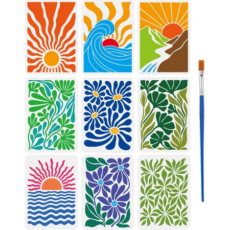 9Pcs Pochoir Nature de Style Abstrait Avec Pinceau 297x210mm Pochoir Géométriques pour Peinture Pochoirs Réutilisables Thème Nature Pochoirs Abstraits Superposer pour Bois Tissu Papier (1/5)