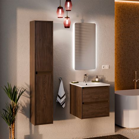 Ensemble meuble simple vasque encastrée 50cm et colonne Edmé Bois foncé (1/5)