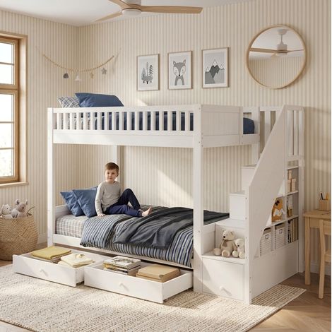 Kinder-Etagenbett 254x95x165 cm Weiß aus Kiefer, MDF und Massivholz mit Stauraumtreppe, 2 Bettkästen und Rausfallschutz (1/5)