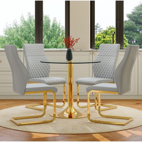 Ensemble table à manger ronde en verre 85 cm avec 4 chaises, métal doré et gris clair (1/5)