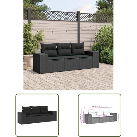 The Living Store 3-tlg. Garten-Sofagarnitur mit Kissen Schwarz Poly Rattan - Gartensofas - Outdoor Möbel - Gartenmöbel Set - Rattan Gartenmöbel - Lounge Set (1/3)