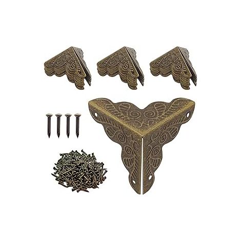 QAZQA Coin Meuble Metal Antique, Protection D'angle Bronze Antique Coin Boîte en Bois Meubles Table D'angle Décoratifs Comprend Ongles, pour Quincaillerie de Meubles LO-Ron