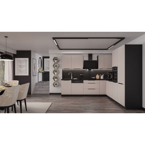 Winkelküche ARONA 280x270 cm Küchenzeile Eckküche Küche Kaschmir beige + Schwarz