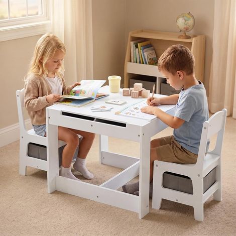 WOLTU Juego de 1 mesa y 2 sillas con pizarra y espacio de almacenamiento para habitación infantil – Blanco y gris (1/5)