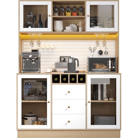 Armoire haute moderne, meuble de cuisine avec éclairage LED intelligent, armoire haute pour salon, meuble latéral avec porte-bouteilles et protection anti-basculement, étagères intégrées réglables, bl (1/5)