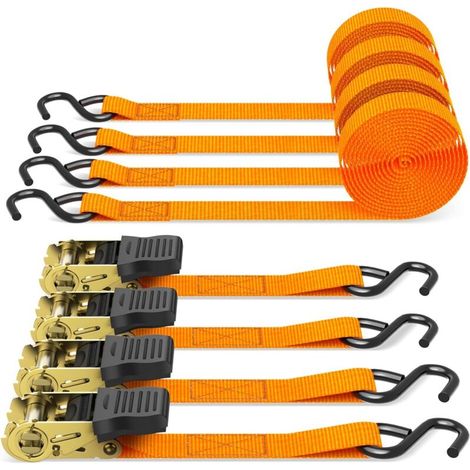 Sangle à cliquet 4 pièces,680kg 5 m Sangles de Serrage à cliquet Sangle d'arrimage avec tendeur à cliquet pour équipement de Jardin, appareils de déménagement, Moto, Orange