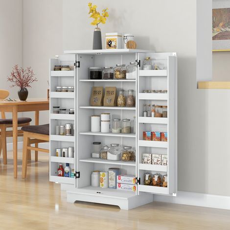 Rangement Buffet cuisine armoire de 5 niveaux avec portes et étagères réglables 60l x 40P x 120H cm grain de bois - crème