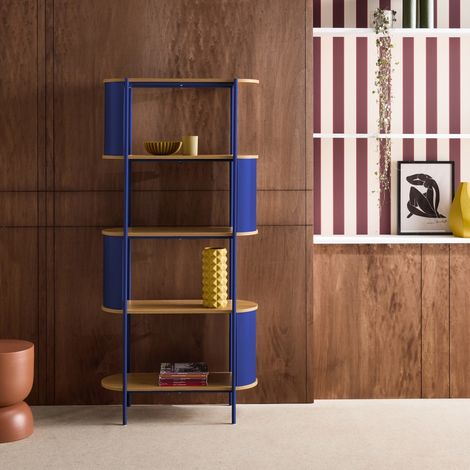 Etagère bibliothèque métal courbé et décor bois 5 niveaux bleu - Molto