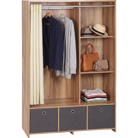 Armoire penderie, armoire de rangement avec tringle, rideaux, 3 tiroirs en tissu amovibles, 105 x 48 x 160 cm, naturel, pour chambre, gain de place, tissu respirant et organisation flexible (1/5)