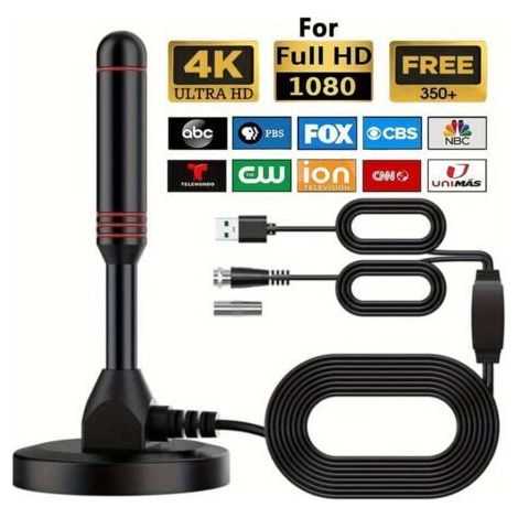 2025 Nouvelle Antenne TV Intérieur Puissante TNT, 500KM Longue Portée et Antenne TV Intérieure à 360 °, pour 1080P 4K Chaînes Télévision Gratuites - 5m de Câble Coaxial & avec Base magnétique (T808)