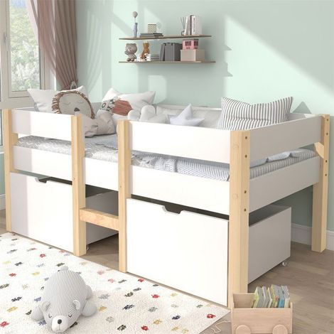 Lit mi-hauteur enfant 90 x 190 cm avec tiroir et barrière anti-chute - pin massif blanc et chêne