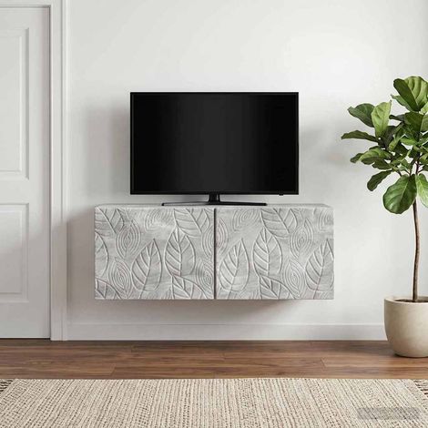 Meuble TV mural 98 x 41 x 30 cm en bois d’ingénierie gris béton, 2 portes - PANGIVO (1/5)