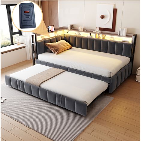 Cama nido 90/200 cm en terciopelo gris con LED, USB y almacenaje (1/5)