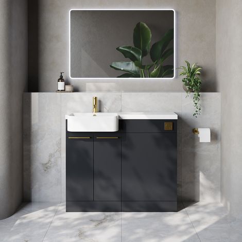 Napoli 250 Gloss Grey 1000mm 2 Door Vanity Unit Toilet Suite with Left Hand Round Rico Semi Recessed Basin - 1000mm - Brushed Brass 160mm HandleWithout Kingston Toilet Pan