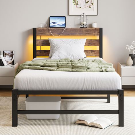 Bett 90x200 cm modern aus Metall und Holz schwarz/braun, mit RGB-LED, 2 USB-Anschlüssen und Stauraum unter dem Bett (1/5)